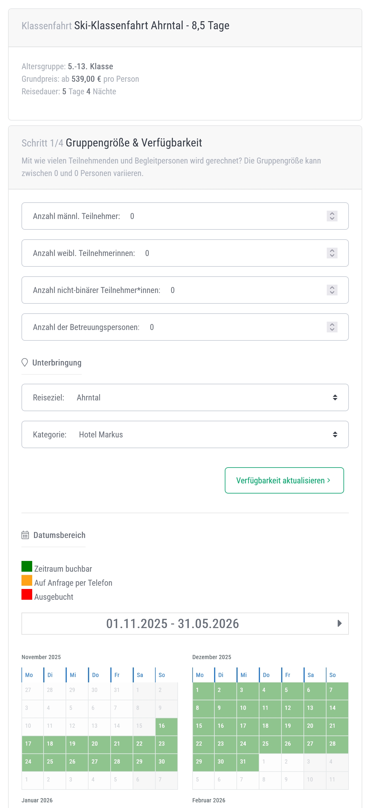 Screenshot group booking form